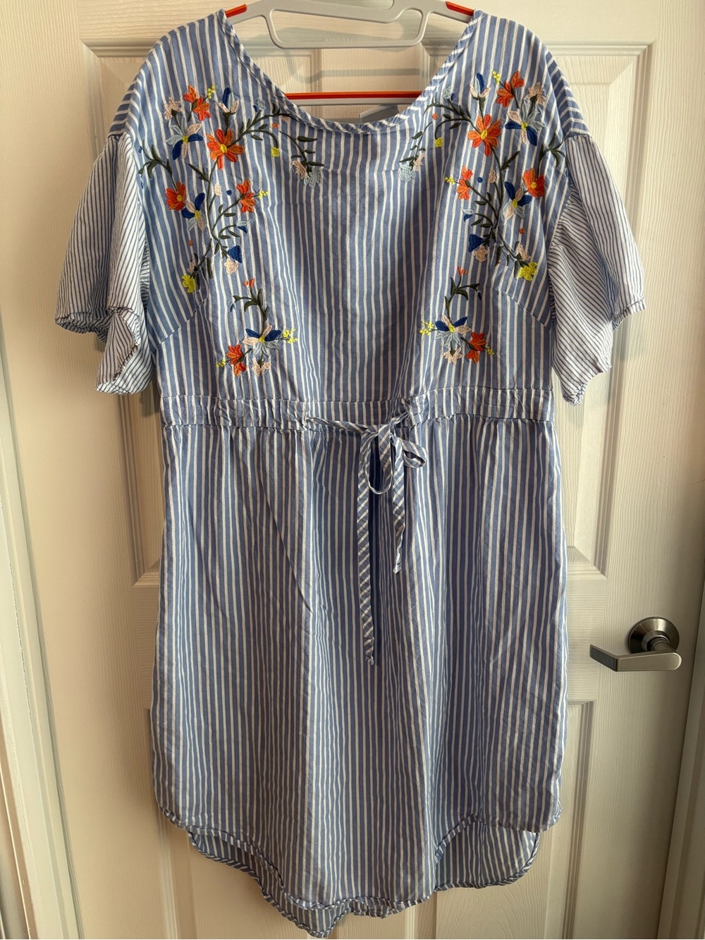 Ava & Viv Blue and White Striped Dress with Multicolor Floral Embroidery